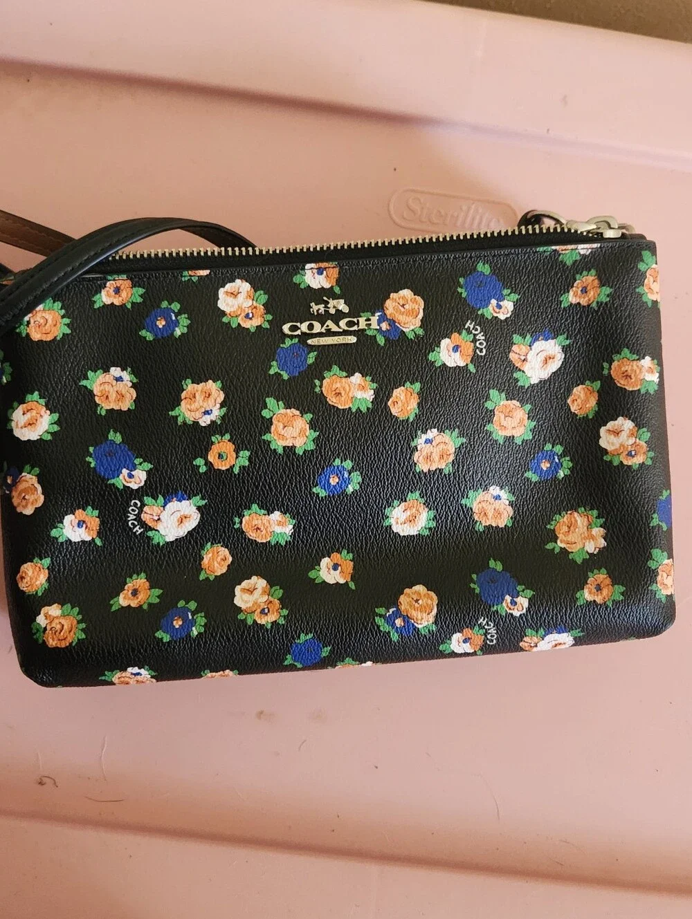 Coach Black Floral Zip Wristlet with Orange & Blue Flowers